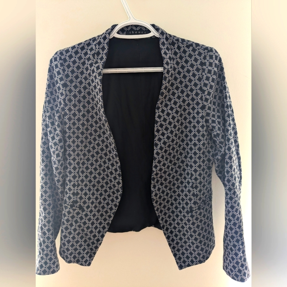 Theory Fitted Blazer‎ Black Gray and Blue Geometric Pattern Size US 2/4